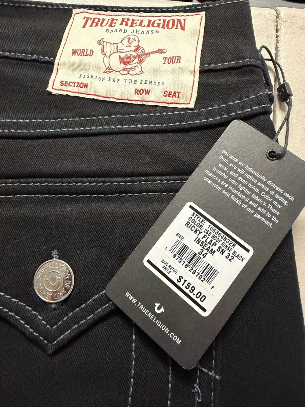 True Religion Men's Black Relaxed Straight Fit Ricky Flap jeans